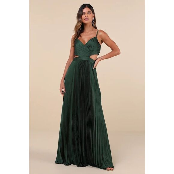 Lulus Got the Glam Emerald Green Pleated Cutout Maxi Dress Size XL NWT - Picture 1 of 10